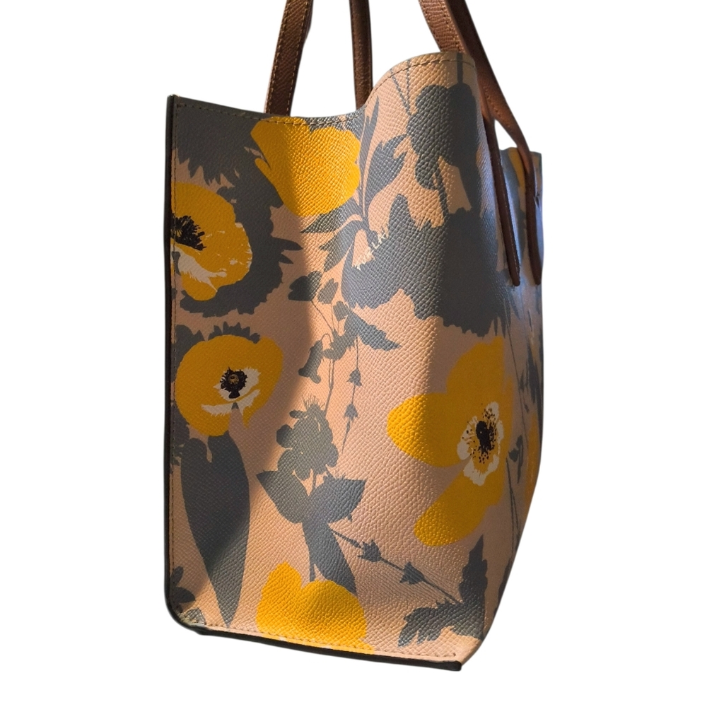 Furla Beige Tote with Yellow Floral Print and Brown Handles EUC - Picture 6 of 14